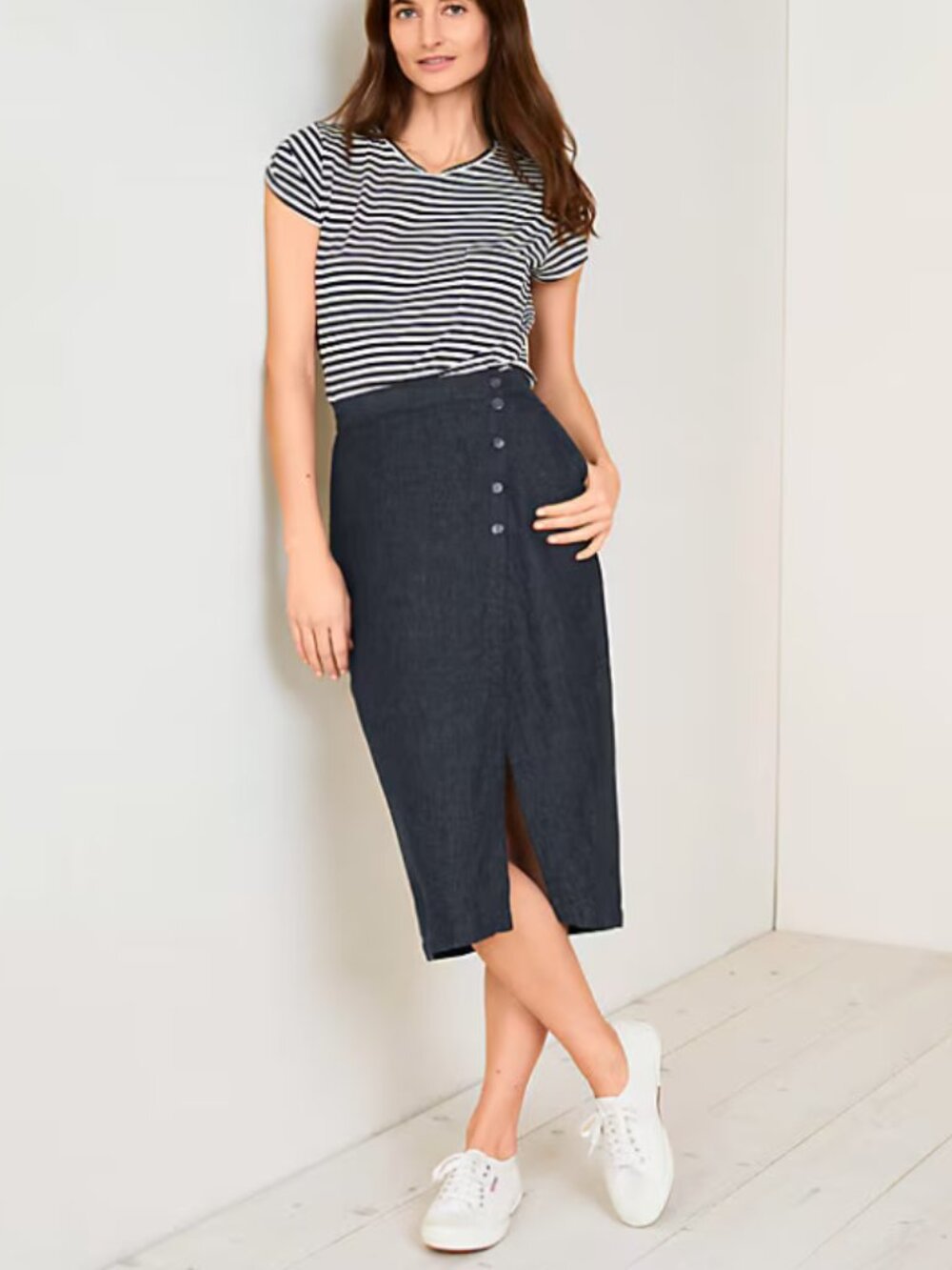 Like New Garnet Hill Kona Linen Skirt Button Details Elastic Waist Back L